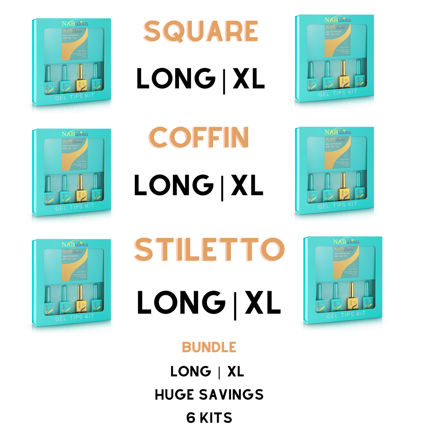 Bundle Bulk buy Long and XL Soft gel tip kits, Square long, square xl, coffin long, coffin xl, stiletto long, stiletto xl, 6 gel tip kit bundle