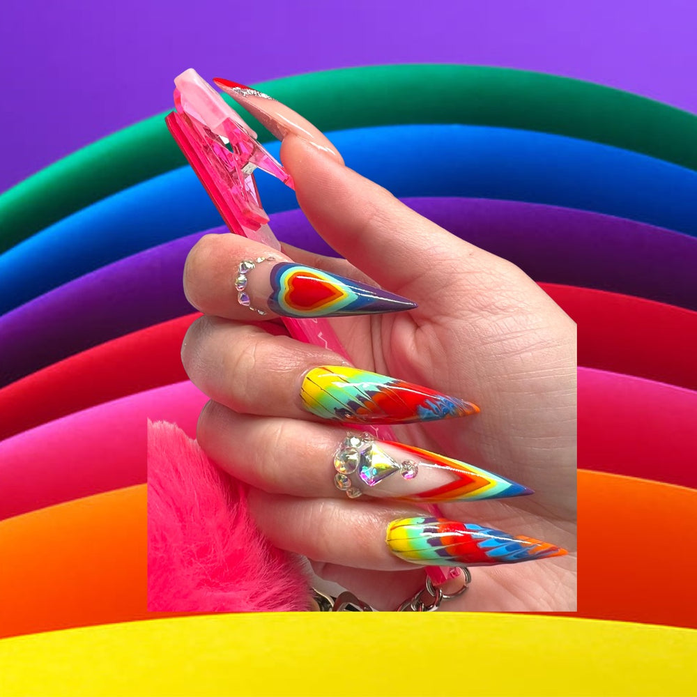 Stiletto Softgel Nail Extensions Rainbow Nail Design with Long Nail Card Grabber