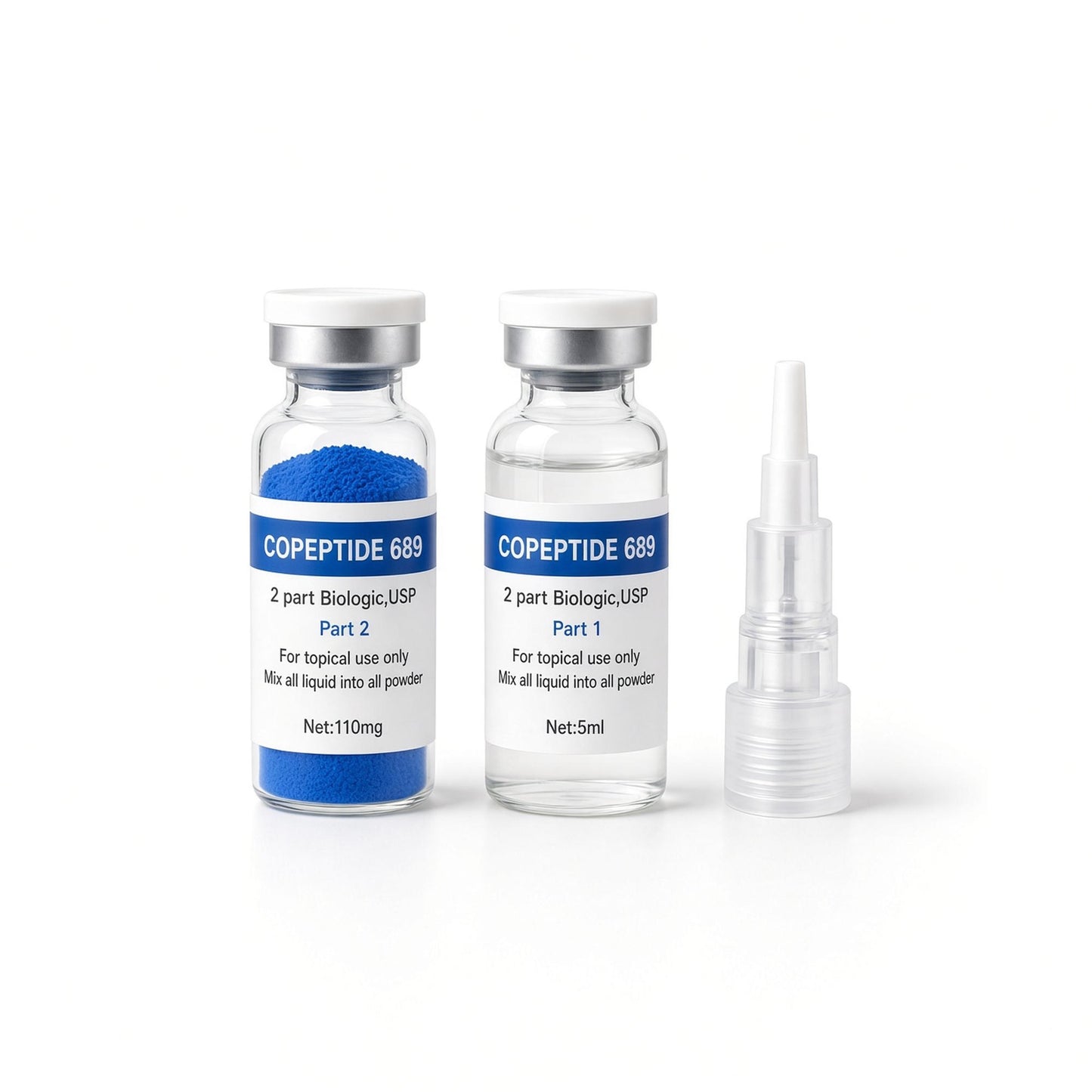 Two-part copper peptide serum vials, blue powder and activating liquid, with applicator