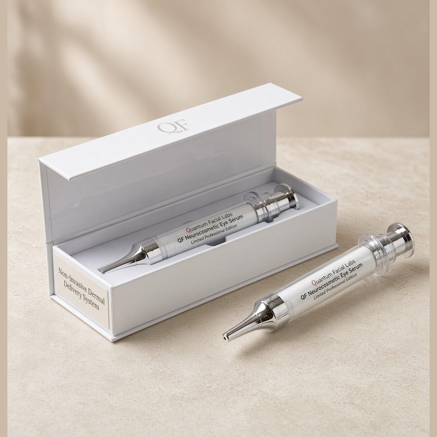 Peptide under-eye serum with steel rollerball applicator and white gift box