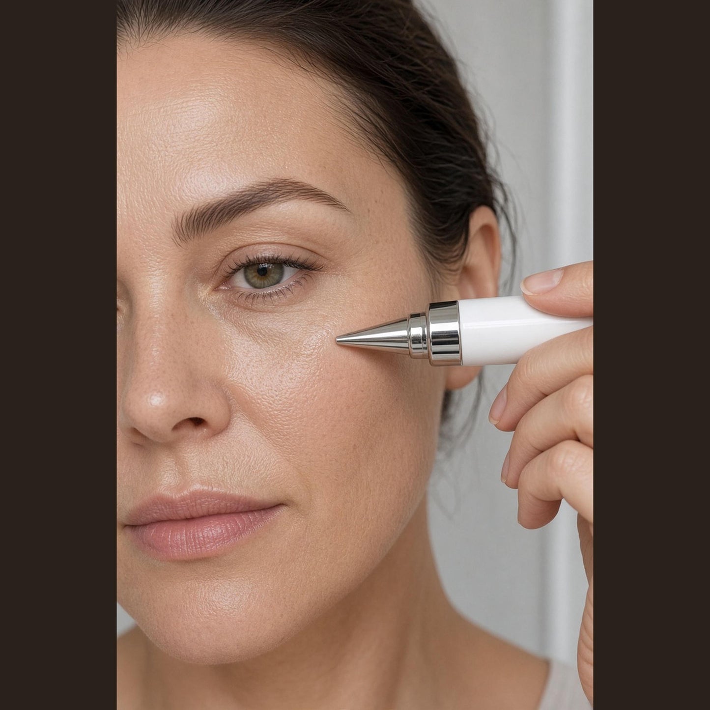 Woman applying peptide under-eye serum with a steel rollerball applicator