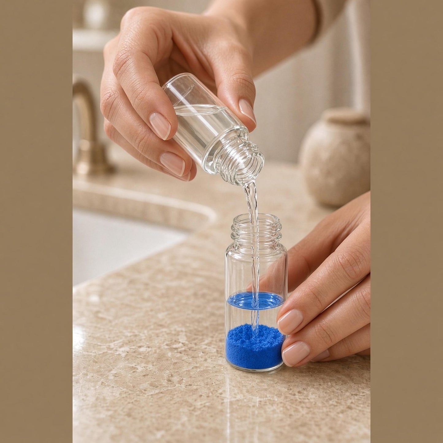Mixing a two-part copper peptide serum by pouring the liquid into the blue powder vial