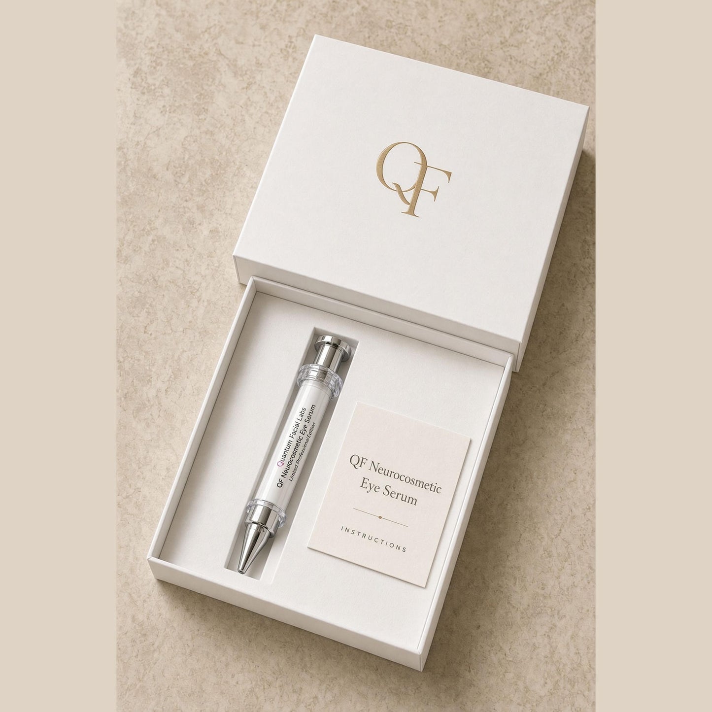 
                  
                    Peptide eye serum applicator and instruction card in white gift packaging
                  
                