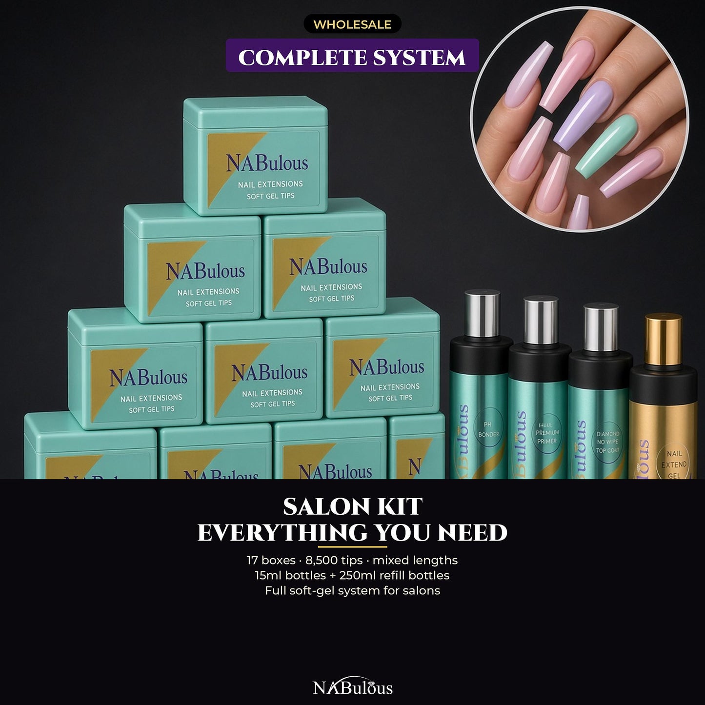 
                  
                    NABulous Complete System salon kit: 17 soft gel tip boxes with 15ml and 250ml liquids
                  
                