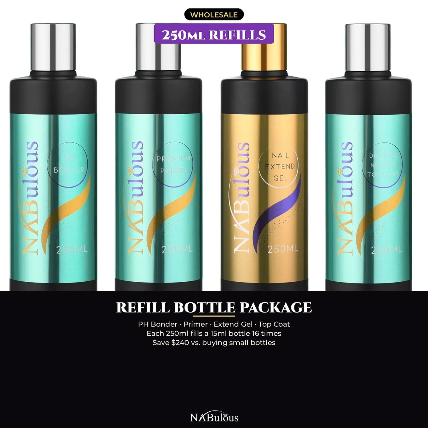 NABulous 250ml refill bottles: pH bonder, primer, extend gel and top coat