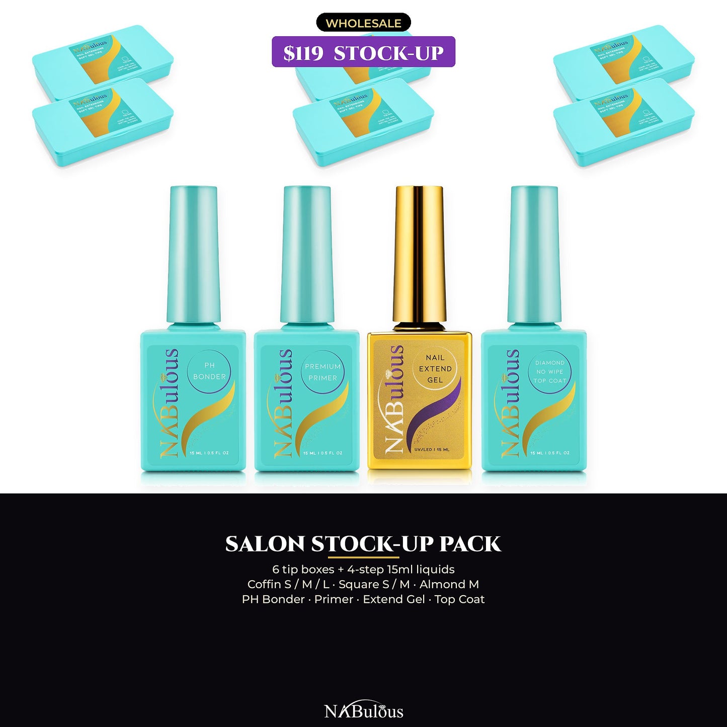 NABulous Salon Stock-Up Pack: six soft gel tip boxes with pH bonder, primer, extend gel and top coat