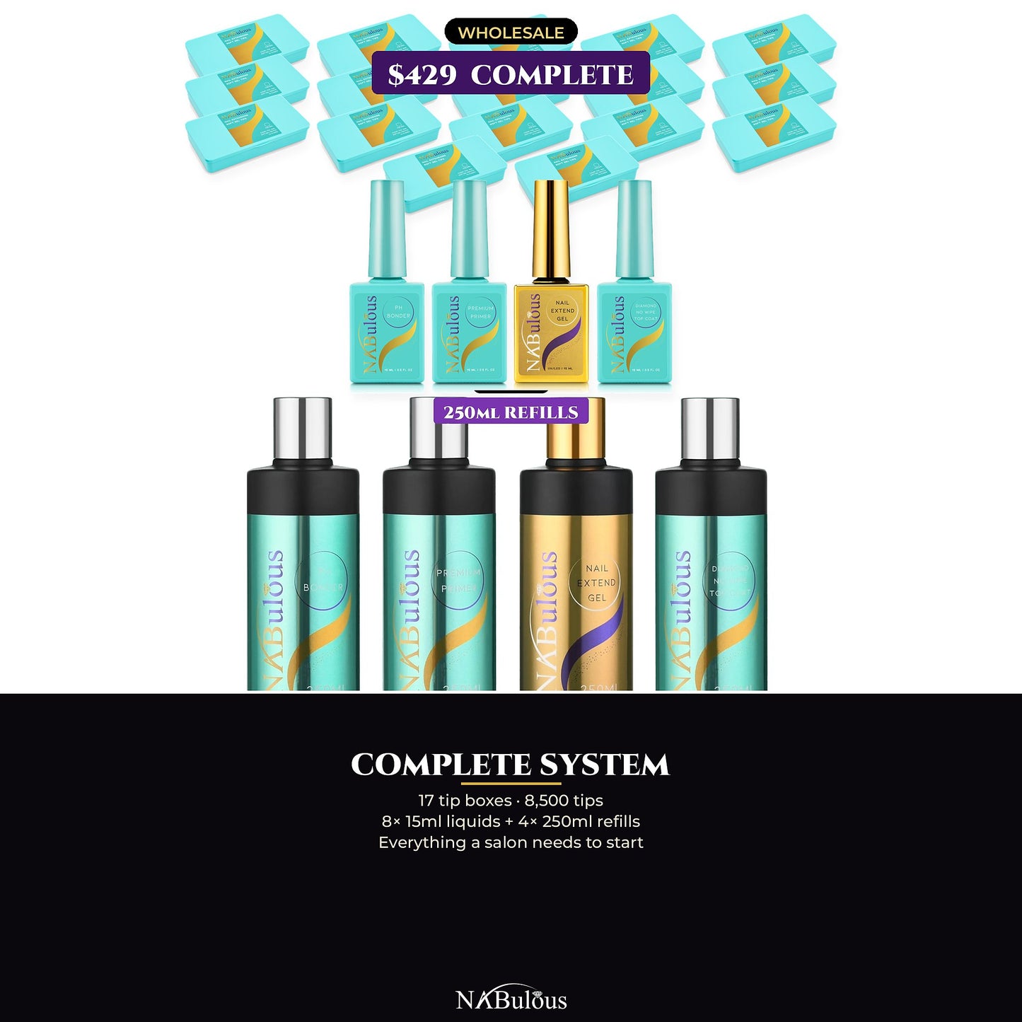 NABulous Complete System: 17 soft gel tip boxes with 15ml liquids and 250ml refill bottles