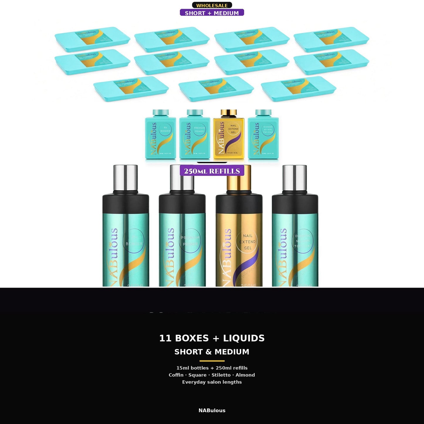 NABulous wholesale kit: 11 short and medium soft gel tip boxes with pH bonder, primer, extend gel and top coat