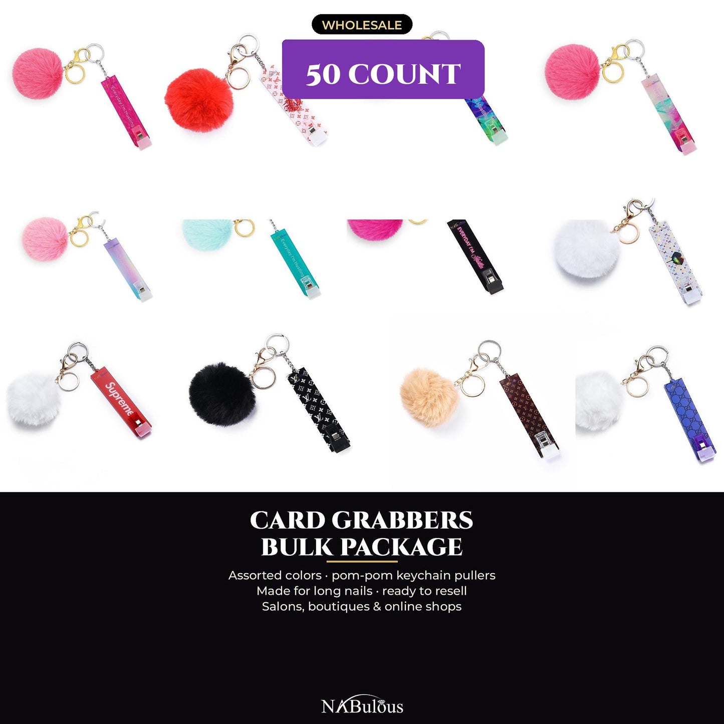 
                  
                    Fifty NABulous card grabbers in assorted colours and patterns, wholesale bulk pack
                  
                