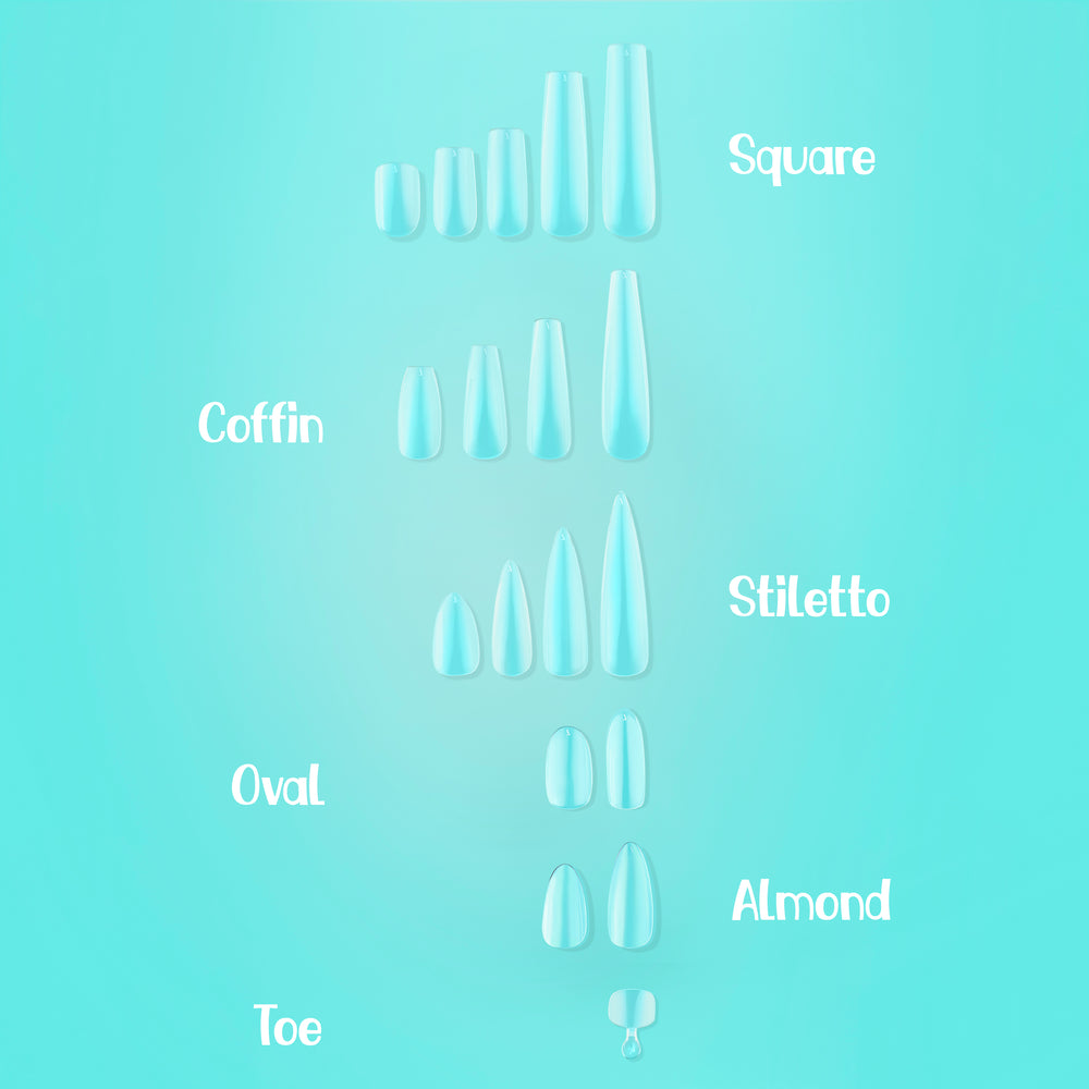 Kit de puntas de gel suave NABulous (CORTO, MEDIO, LARGO, XL) Stiletto, Cuadrado, Almendra, Ataúd